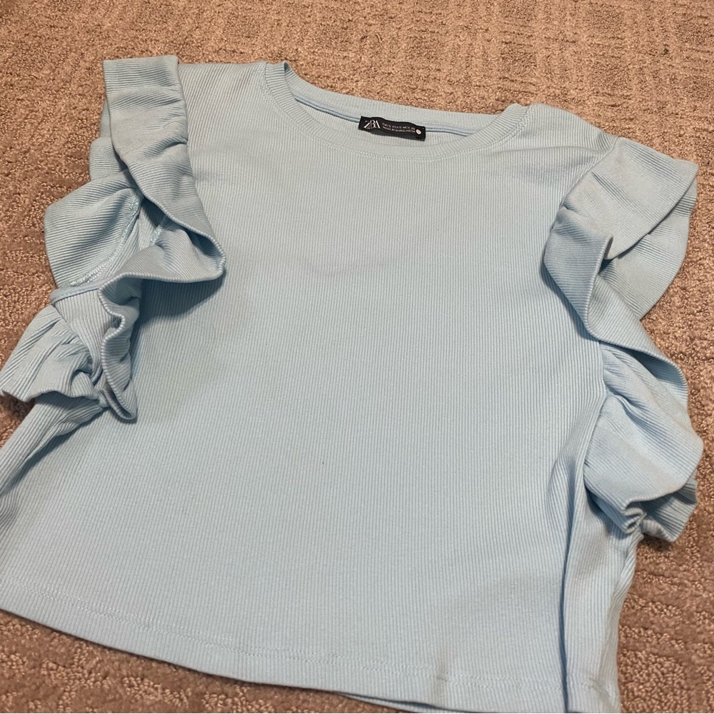 {Zara} Baby Blue Ribbed Sleeveless Crop Top | Ruffles ~ Size Small - Picture 9 of 16